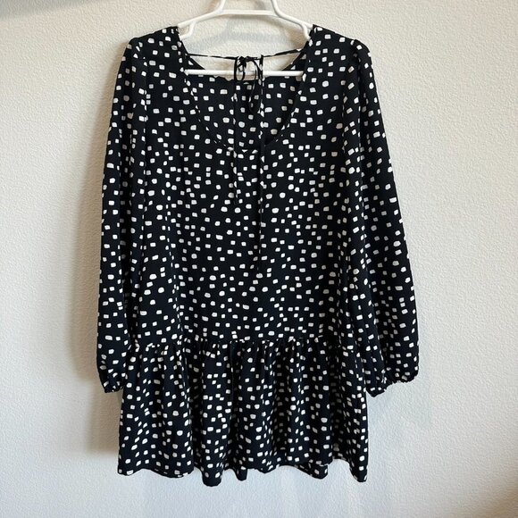 Sanctuary Black & White Spotted Drop Waist Ruffle Hem Long Sleeve Mini Dress XS - Picture 2 of 4